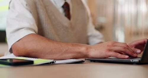 Hands, person and typing on laptop in office of communication, planning schedule or email feedback