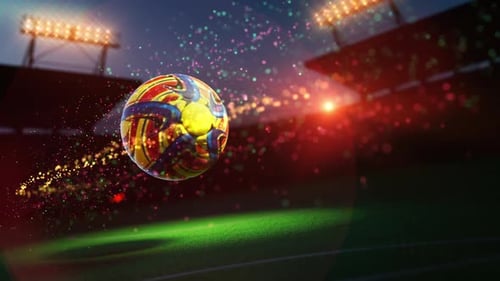 Colorful ball floating in night stadium light.