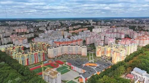 Panoramic view on the city buildings. New residential area with modern housing for city residents.