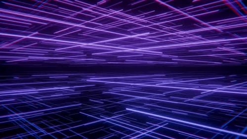 Geschlungener Cyberspace-Hintergrund mit fliegendem, durch leuchtende Neonlinien fliegender Linien, die ein futuristisches Gitter bilden