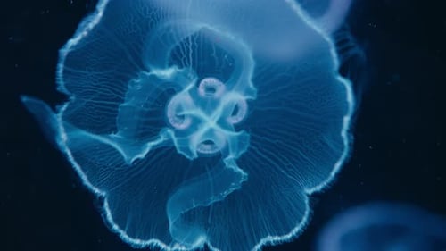 Glowing Jellyfish Floating Gently in Dark Ocean
