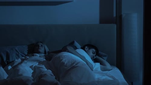 Night Insomnia Woman Annoyed Snoring Husband Bed