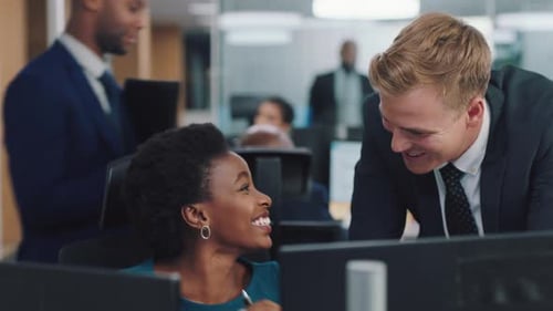Office, communication and finance employee friends talking and laughing about work