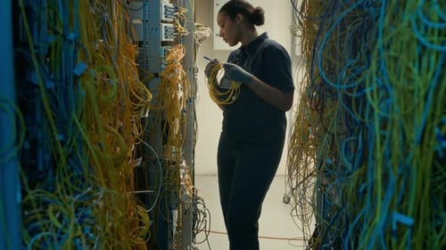 Data Center Specialist Inspecting Wires and Cables in Room