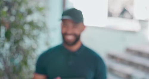 Tablet, woman and signature for delivery man at door, package and parcel box in home for ecommerce