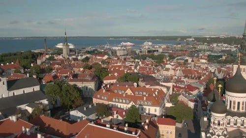 Aerial footage of old town Tallinn in Estonia