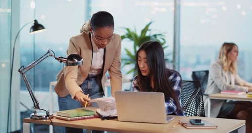 Teamwork Female Friendship MultiEthnic Three Office Women Collaborating Discussing Common Project on