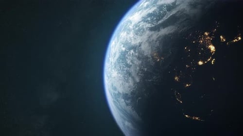 Dawn,the sun illuminates half of the planet earth.Sunrise on space background in 4k. Slow motion