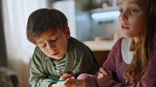 Small Kids Studying Remotely Writing Homework Evening Light Children Thinking