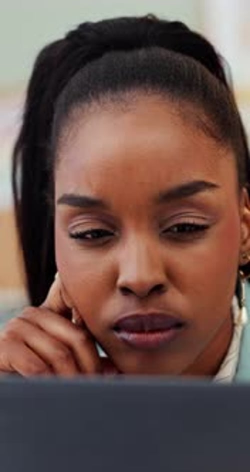 Laptop, reading and thinking with business black woman in office for creative planning or research