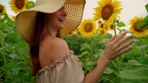 Frau in einem Sonnenblumenfeld Sommerzeit Eine junge schöne Frau mit Hut geht in einem Sonnenblumenfeld spazieren