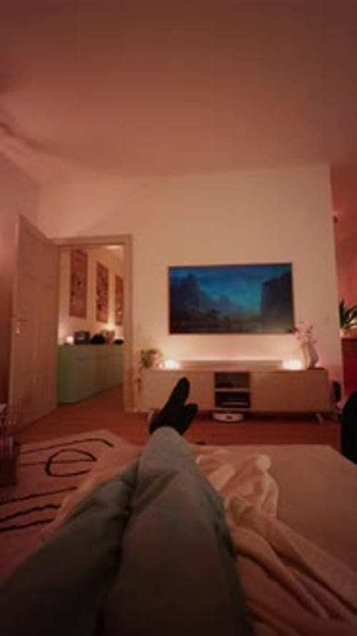 Relaxing Evening in a Cozy Living Room with a Mountain View on TV