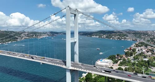 Istanbul Bosphorus Bridge and City Skyline in Background with Turkish Flag at Beautiful Sunset