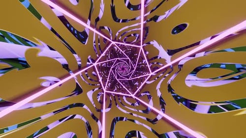 Tunnel réfléchissant abstrait jaune avec des lignes roses au néon. Animation en boucle