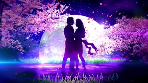 Romantic Couple Embracing Under Moonlight with Falling Cherry Blossoms