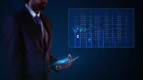 Businessman Virtual Display HUd Hologram Stock Market Finance Report Background Graph Chart Bars