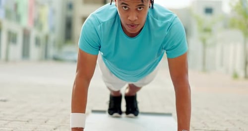 Push up, black man and city fitness, exercise and mindset, workout challenge