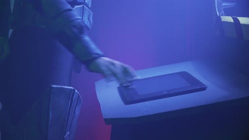 Dark and smoky alien ship, a female alien is using a device, 4k, close up