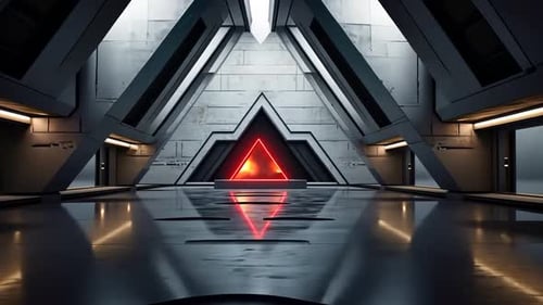 Futuristic corridor with triangular architecture and red neon accents