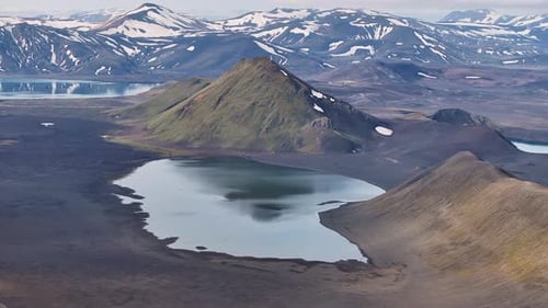 Icelandic lake in highlands of Iceland. Snowy mountain peaks in background. Sunny day at daylight. A