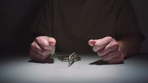 Close-up parallax shot of a prisoner's hands as he sits handcuffed to a table in an interrogation ro