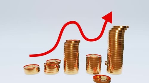 Golden Coins Stacking Upward with Red Growth Arrow Animation