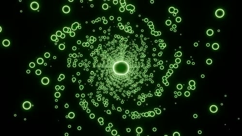 Bunte Neonblasen fliegen in einer Spirale auf schwarzem Hintergrund Nahtlose Schleife