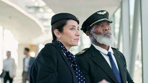 Travel, pilot and air hostess in discussion at the airport before boarding a flight in the city