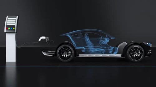 Automated Guided Vehicles with Electric Car Battery Packs inside Modern Automotive Factory