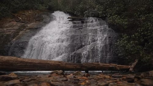 Picturesque waterfall in the forest cascading down a mountain slope in slow motion with a log in the