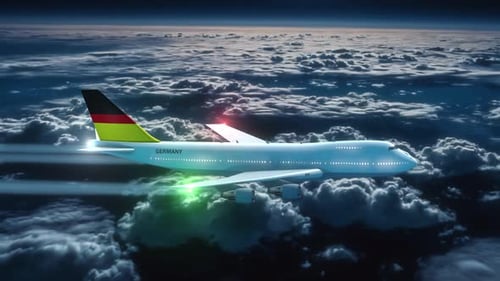 Commercial Airliner Passanger Plane Jumbo Jet Flying At Night Over Clouds With Country Flag Germany