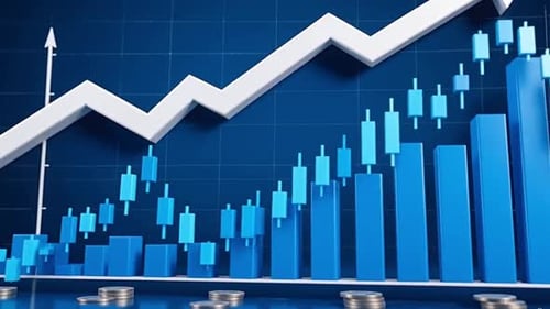 3D Bar Charts, Increasing Coin Stacks, Upward Trend Arrow, Digital Infographics