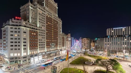 Timelapse of Plaza de Espana and Gran Via at night in Madrid