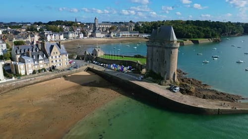 The famous Solidor Tower, Saint-Malo, Brittany in France. Aerial drone backward