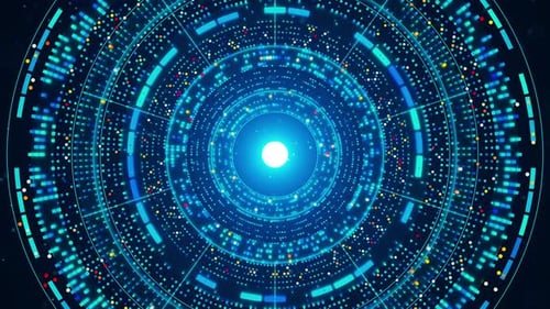 Cyber HUD loop of neon circles and data streams. Looping animation.