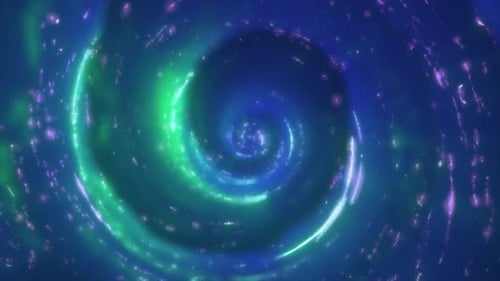 Glowing green and blue spiral forming a vibrant whirlpool in deep space, suggesting cosmic energy