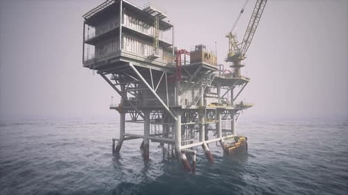 An Old Oil Platform Stands Tall in the Ocean Under a Misty Sky at Dawn