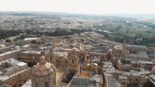 St Publius church dome and Malta, Mdina cityscape. Aerial view