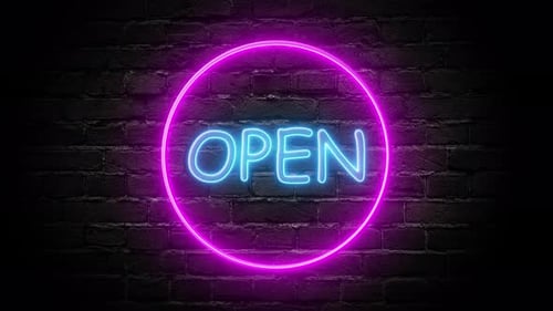 Neon OPEN Sign Flickering on Brick Wall