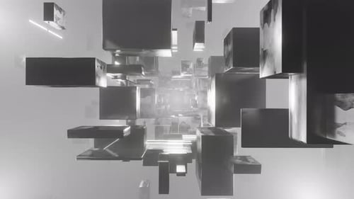 Sci-fi tunnel in a foggy space with rotating geometry shrinks and expands 3d render. Industrial