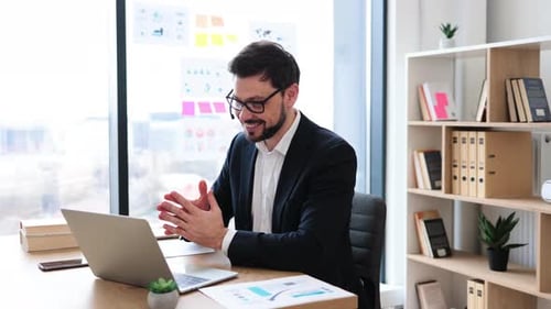 Professional Posing with Headset for Video Call in a Modern Office Setting