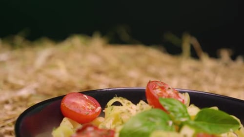 Close up shot of cooked vegan pasta with tomatoes, basil with dip sauce and spices in a bowl during