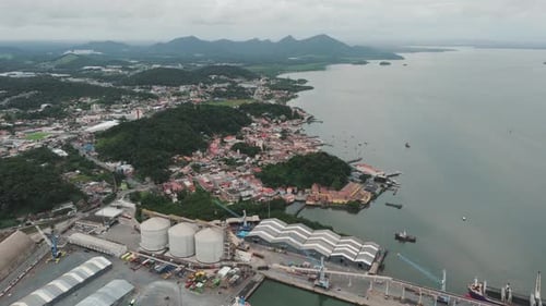 Aerial view of the port of São Francisco do Sul, bulk storage structures and urban area. Santa Catar