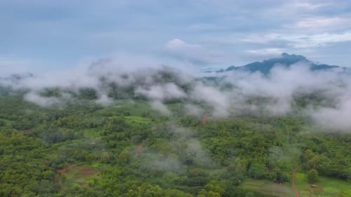Time lapse video aerial view morning scenery Mist flowing over the high mountains.