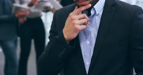 Businessman, thinking and documents in planning, strategy or team proposal at office