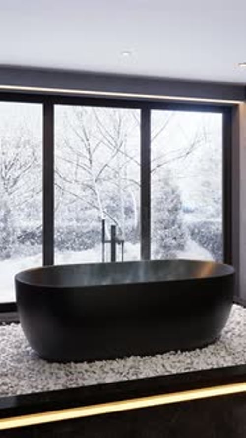 Modern Bathtub With Steaming Water And Snowy Window View