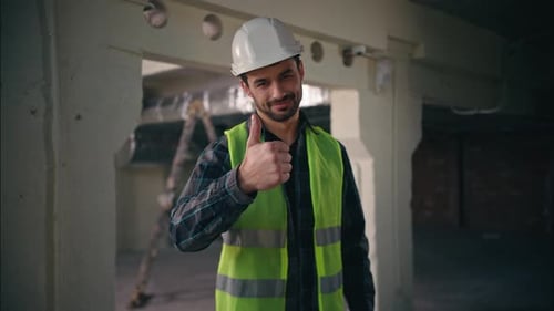 Satisfied Caucasian Handyman Executive Male Man Foreman Showing Thumb Up with Hand Architect Guy
