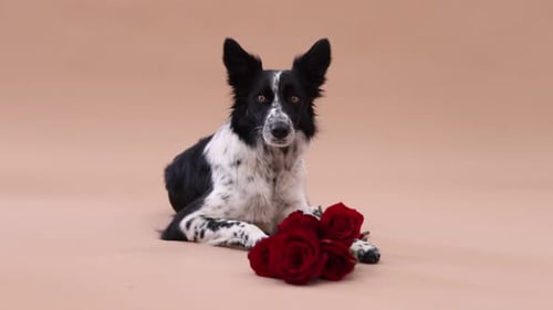 Cute Border Collie dog with red roses on beige background