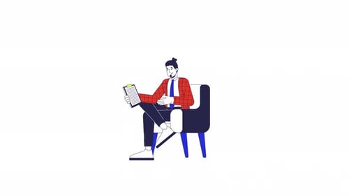 Caucasian man tv host talking with clipboard holding 2D character animation