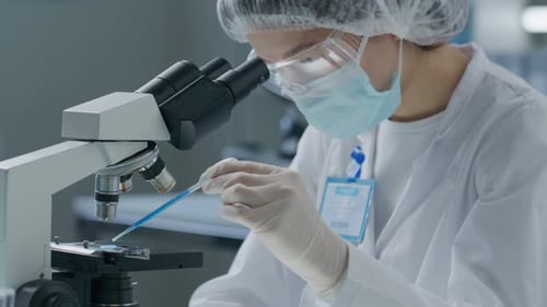 Scientist Works with Microscope in Bright Lab